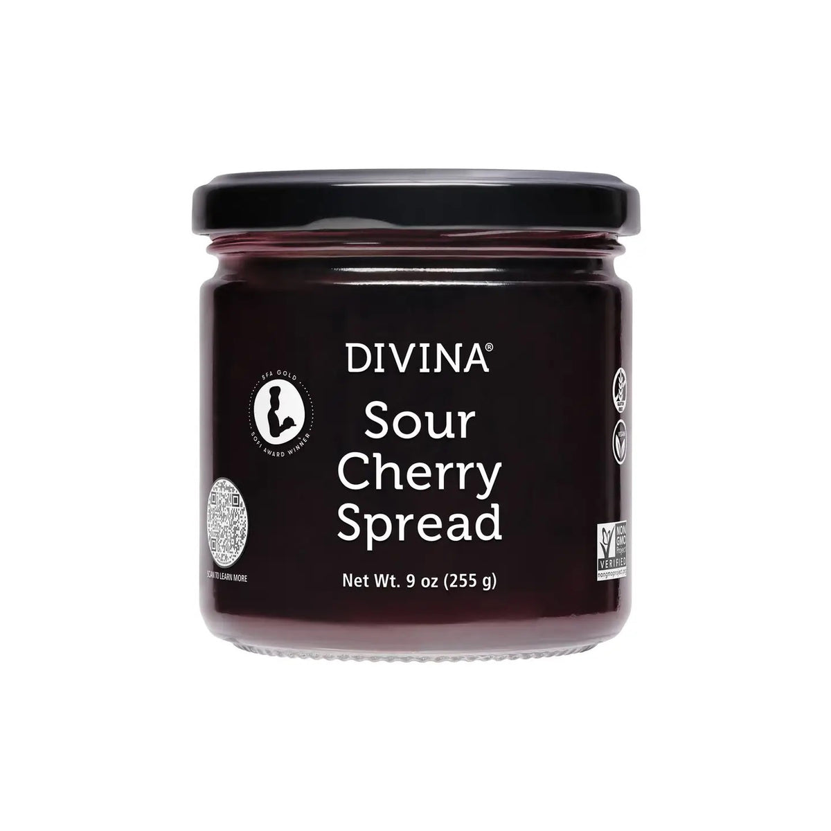 DIVINA - SOUR CHERRY SPREAD (9 oz/255 g) combines tart and sweet flavors. With a black lid and organic, non-GMO certifications, it's ideal for enhancing cheese boards.