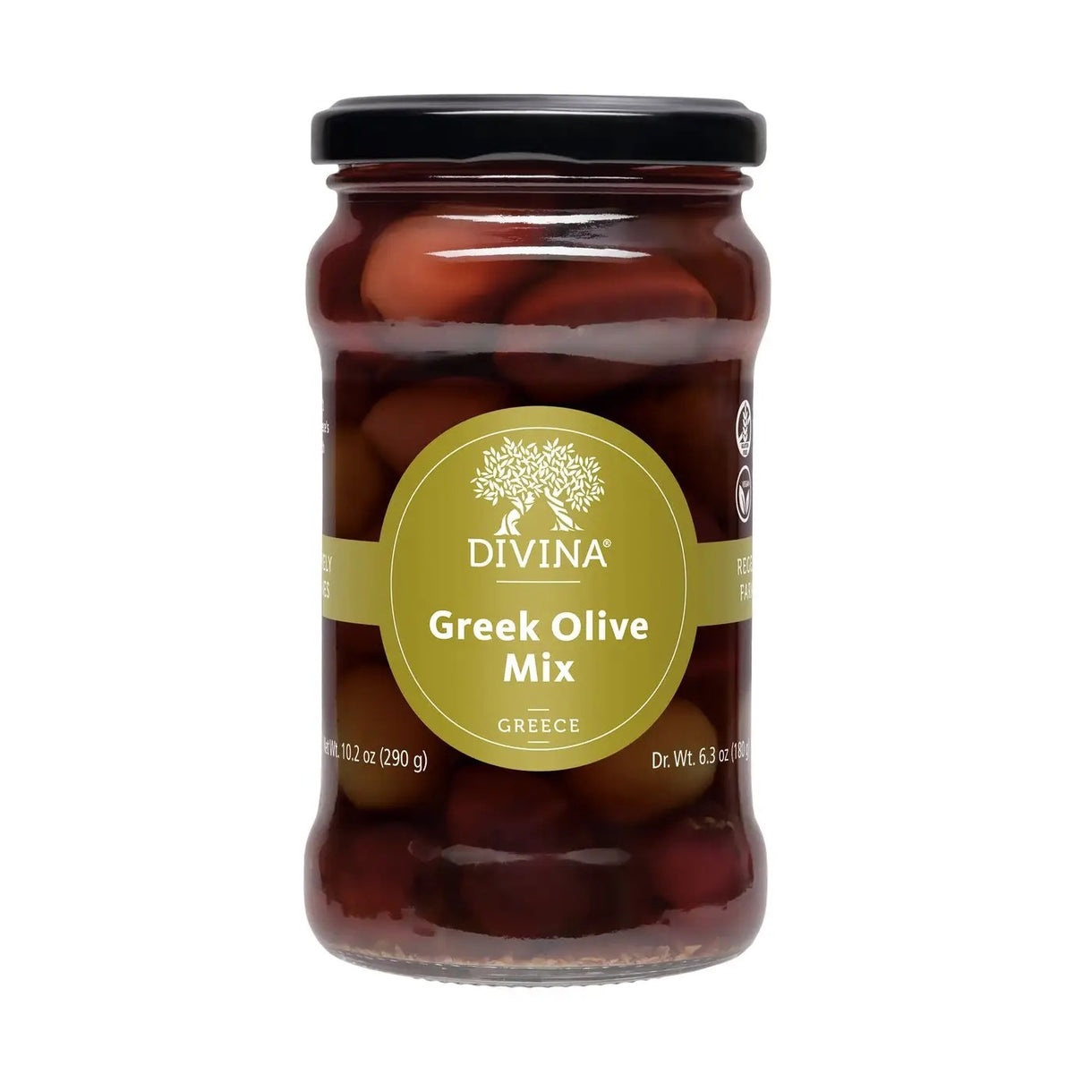 A glass jar of DIVINA - GREEK OLIVE MIX, featuring a green label and filled with assorted, traditionally cured Greek olives, set against a white background.