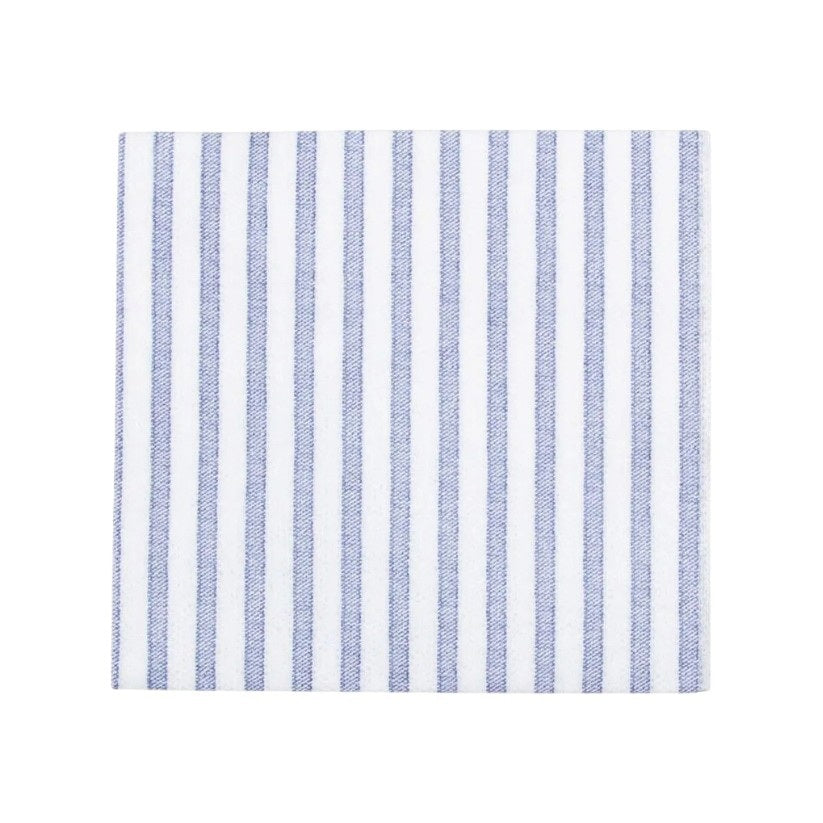 The VIETRI - CAPRI COCKTAIL NAPKIN, BLUE features a square white fabric with evenly spaced vertical blue stripes—an absorbent and stylish choice for any table setting from VIETRI.