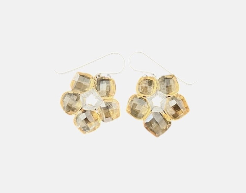 The ANN LIGHTFOOT - LOTUS FLOWER FACETED CITRINE earrings feature clusters of translucent golden-brown citrine beads in a lotus flower design, hanging from simple sterling silver hooks.