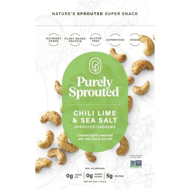 A bag of PURELY SPROUTED - CHILI LIME SPROUTED CASHEWS set against a white background. The cashews are lightly seasoned with chili lime flavor. The packaging highlights features such as nutrient-dense, plant-based protein, gluten-free, superfood, vegan, 0g trans fat, and no added sugar.