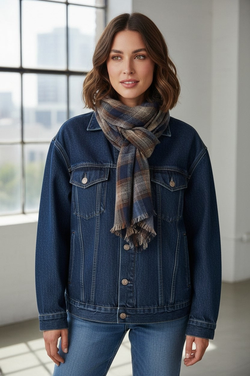 A woman stands indoors near a large window with natural light, wearing a dark denim jacket and pants, accessorized with the HARTFORD checked wool scarf in navy by HARTFORD.