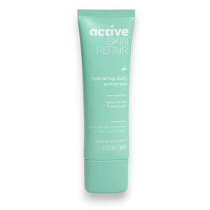 ACTIVE SKIN REPAIR - HYDRATING DAILY SUNSCREEN is a light green tube mineral sunscreen with non-nano zinc, hyaluronic acid, niacinamide, and SPF 50. It offers 1.7 fl oz (50 mL) of broad-spectrum daily protection.