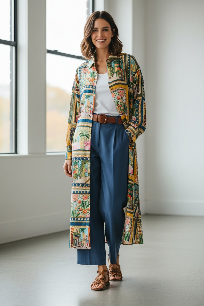 A person wears the MOMONI JAU DRESS, a colorful, artistic printed shirt dress, over blue high-waisted trousers against a plain backdrop. Brown sandals complete the effortless style as they gaze sideways.