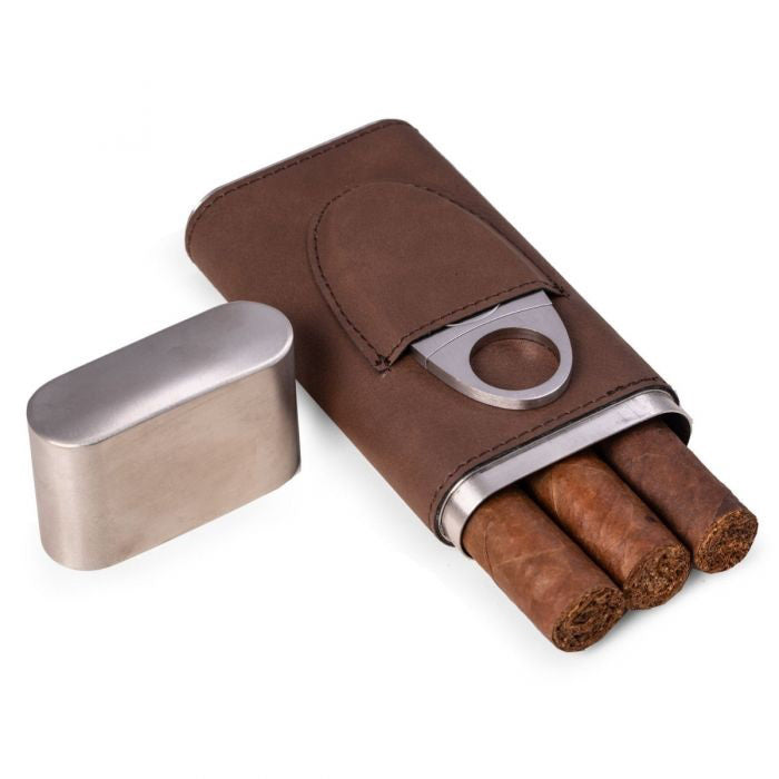 The BEYBERK INTERNATIONAL LEATHER CIGAR CASE holds three cigars, features a sleek cigar cutter in its front pocket, and comes with a separate metal lid for an elegant touch.