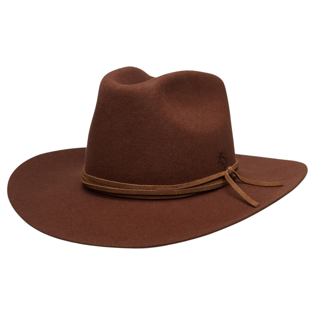 The WYETH Costa Cowboy Hat in Cinnamon features a wide brim, pinched crown, and thin suede trim tied in a bow. This adjustable hat by WYETH is shown on a white background.