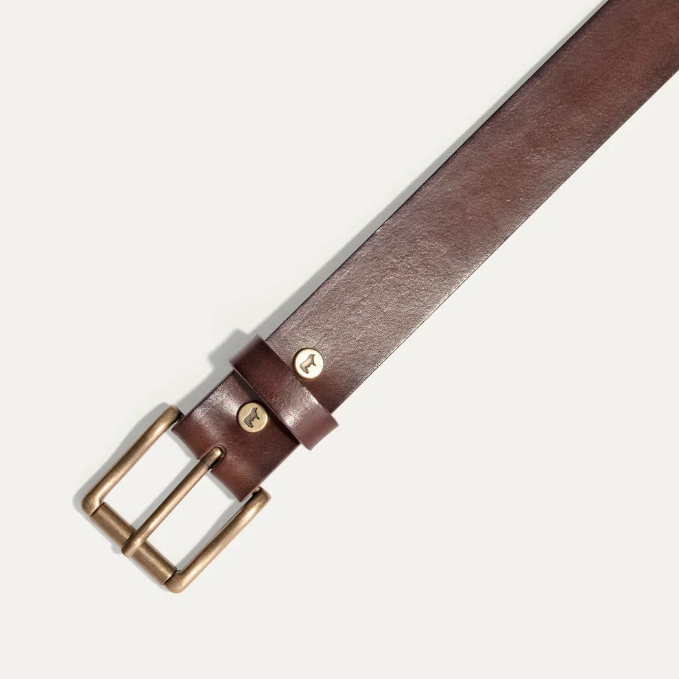 The WILL LEATHER GOODS - SADDLE BELT is a brown full-grain leather belt with a metal buckle and an embossed animal logo near the end, coiled on a plain white background—a timeless classic from WILL LEATHER GOODS for jeans.