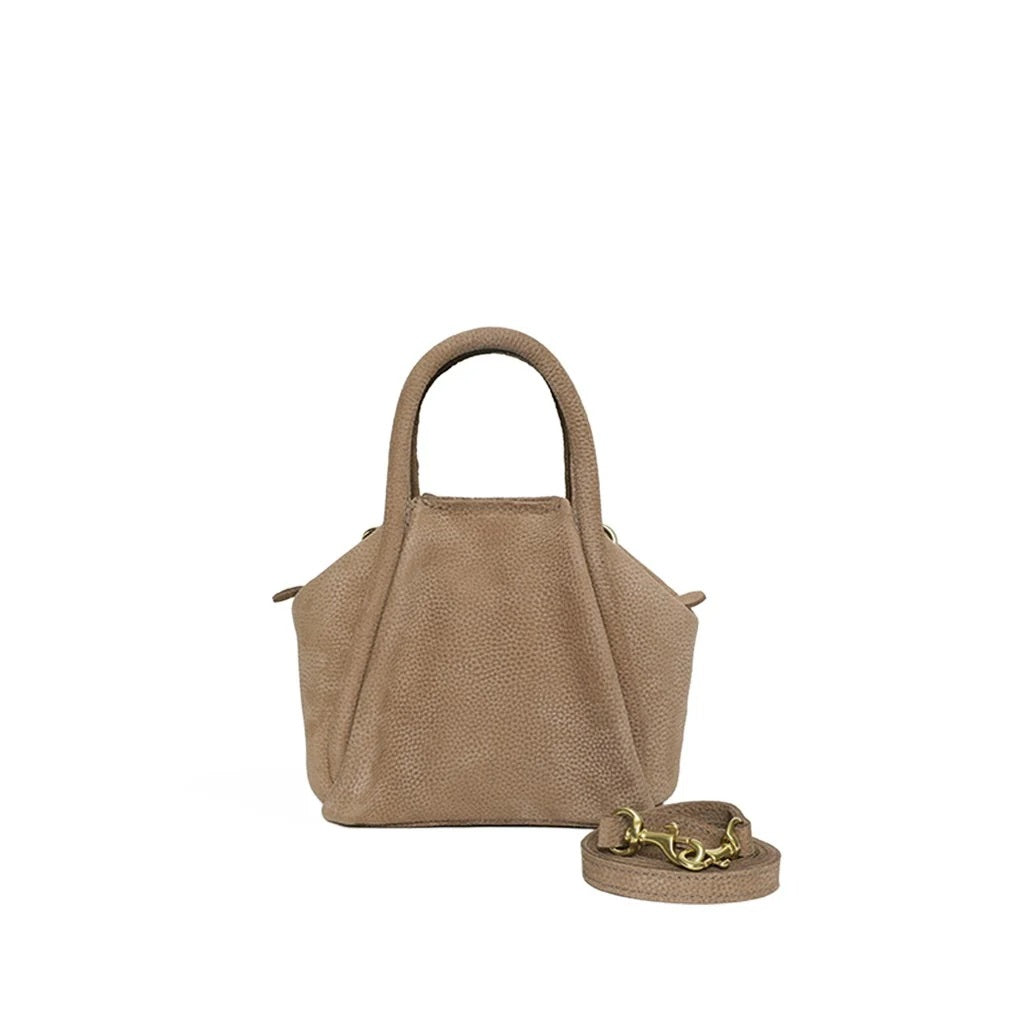 OLIVEVE MINI TAYA TOP HANDLE CROSSBODY in Taupe Biscotto Nubuck cowhide with a detachable shoulder strap.