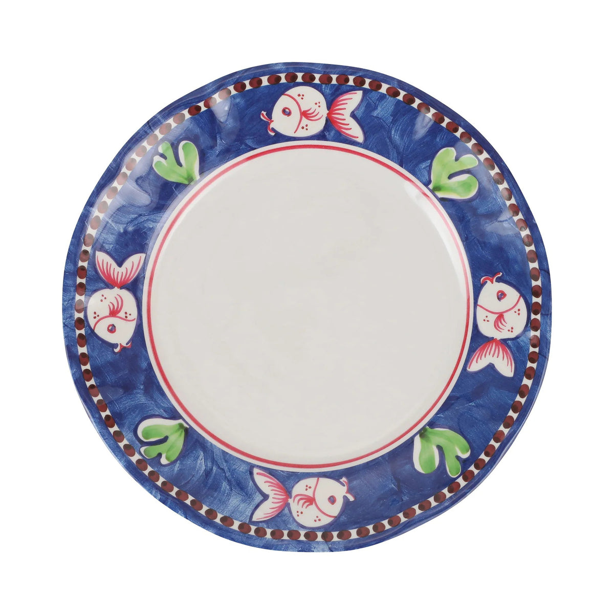 The VIETRI Melamine Campagna Dinner Plate features a round white center, an orange border with blue and white birds, red tulips, and green leaves—ideal for al fresco dining.