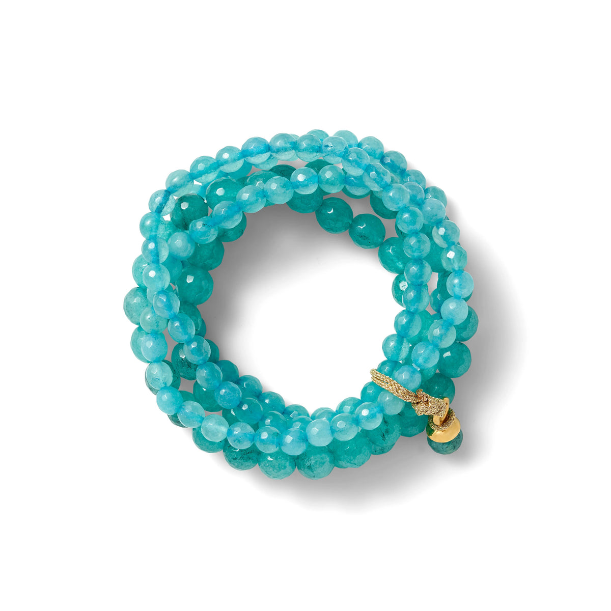 The CC AND CO BY CATHERINE CANINO - SALLY BRACELET features facetted azure blue quartz stones coiled into a circle. A gold charm offers contrast, and its glossy finish enhances the vibrant color, showcased on a plain white background.
