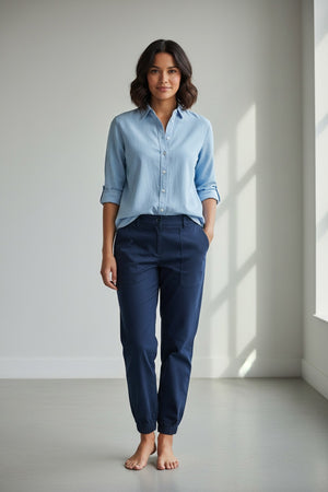 FRANK & EILEEN Jameson Utility Jogger in Performance Linen Navy, featuring a high-rise fit, elastic waistband and cuffs, utility pockets, belt loops, and visible stitching details, shown laid flat on a white background.