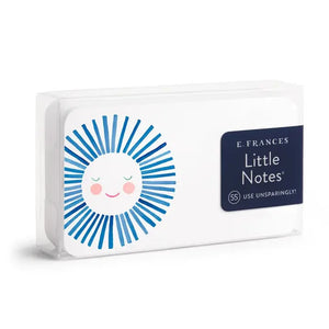 The E. FRANCES - LITTLE NOTES BLUE SUNSHINE mini card features a smiling, hand-painted watercolor sun with a white face, pink cheeks, closed eyes, and light blue rays. Text below: "Little Notes by E. Frances Paper. Please Recycle Me.