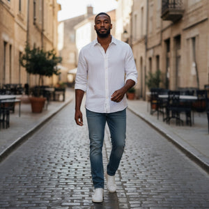The FRANK & EILEEN Finbar Men's Button Up Shirt in White Washed Linen is shown with casually rolled long sleeves and a relaxed, slightly wrinkled look against a plain white background.
