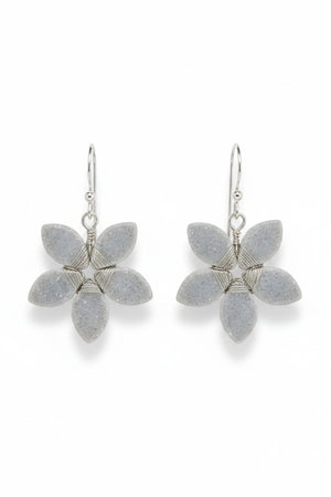 The ANN LIGHTFOOT Druzy Cut Flower Earrings feature sterling silver drops with five petal-shaped, translucent light gray stones in a floral design—ideal for fans of flower-inspired jewelry.