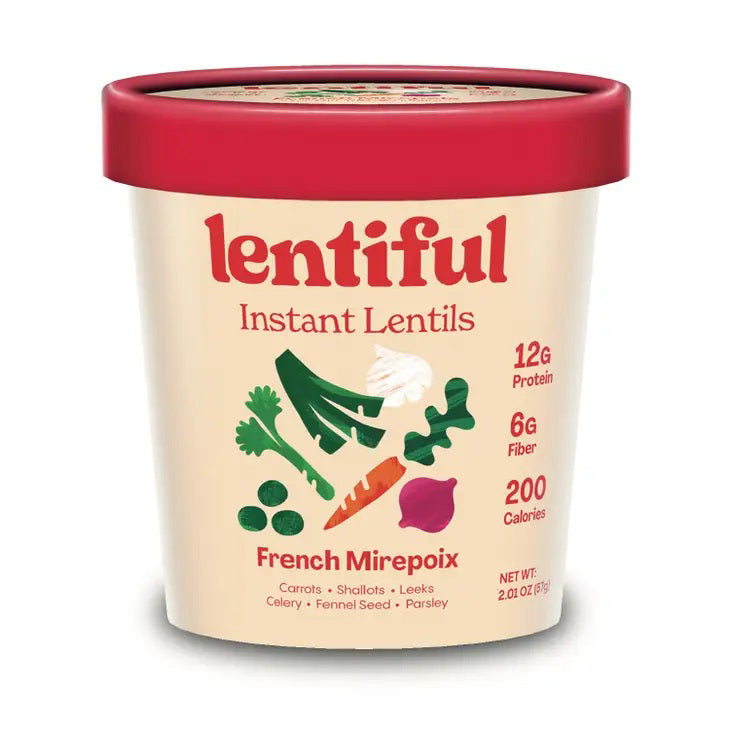 A container of LENTIFUL - FRENCH MIREPOIX INSTANT LENTILS by LENTIFUL, with a red lid and vegetable images. Each serving provides 12g protein, 6g fiber, and 200 calories. The lentils feature a Mirepoix flavor with French-style seasoning.