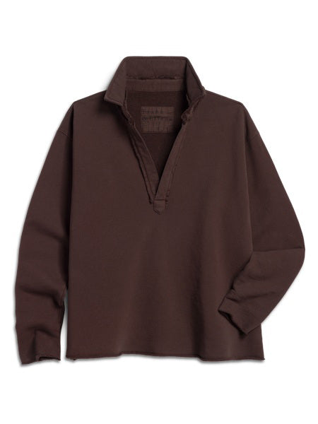The FRANK &amp; EILEEN Patrick Popover Henley in Triple Fleece Coco is a brown long-sleeve shirt with a collar, deep V-neck, relaxed fit, wide sleeves, and cropped hem. Made from 100% cotton, shown laid flat on a white background.