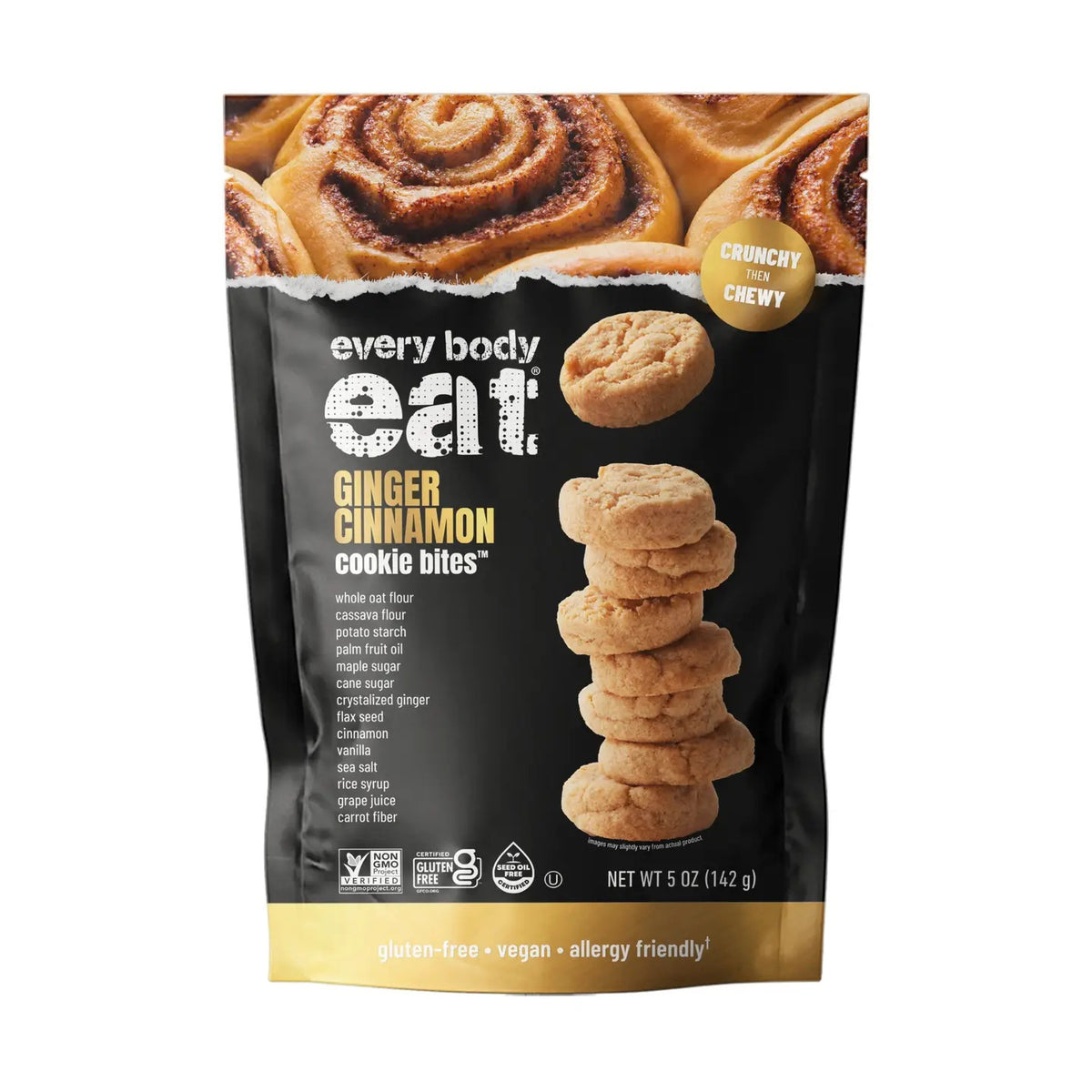 A bag of EVERY BODY EAT - GINGER CINNAMON COOKIE BITES from EVERY BODY EAT, showcasing a stack of delicious gluten-free cookies on the front, cinnamon rolls at the top, and labels emphasizing their vegan and allergy-friendly qualities.