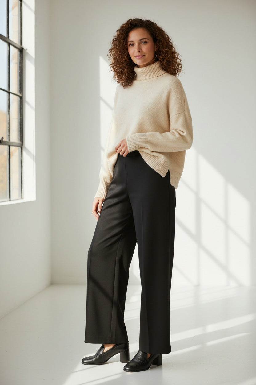 ELEH - BLACK DRESS PANTS by ELEH featuring a high-rise waist and wide-leg design, displayed against a plain white background.