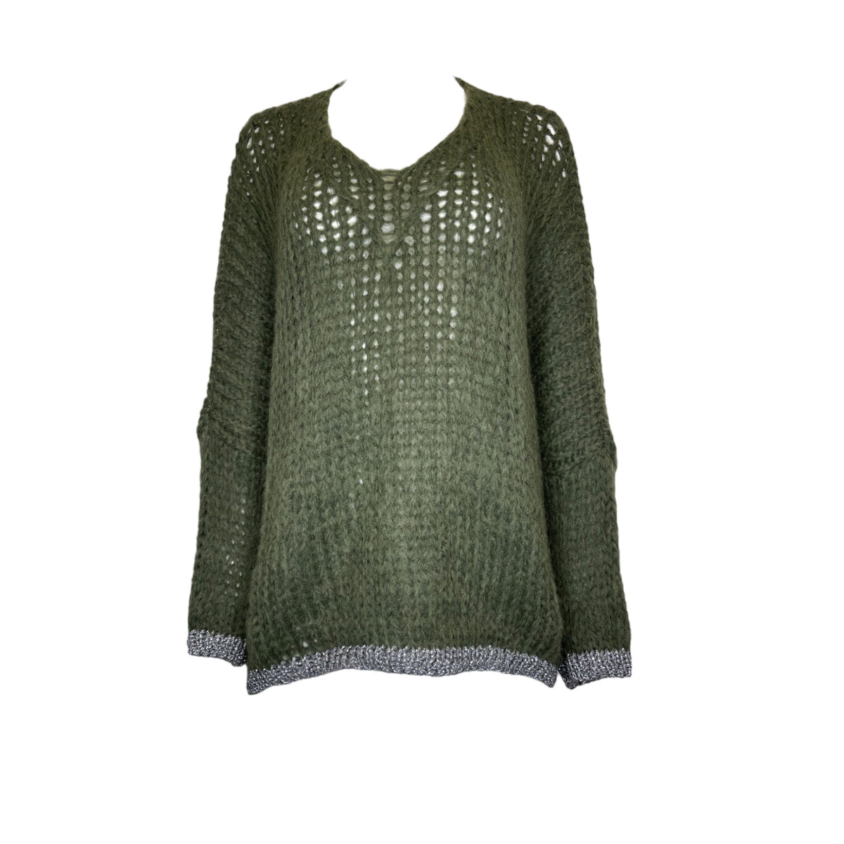 Introducing the LULA V NECK SWEATER WITH LUREX TRIM by DEBBIE KATZ: a cozy, oversized long-sleeve olive green knit sweater featuring a loose, open-knit pattern. This soft wool sweater boasts a v-neckline secured with a single button and is beautifully finished with a contrasting gray lurex hem at the bottom. The drop shoulder style sleeves make it perfect for layering against a plain white background.