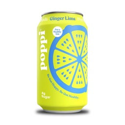 A yellow can of POPPI - GINGER LIME soda from POPPI features a bold citrus graphic, promotes prebiotics and Apple Cider Vinegar for digestive health, and displays "For a Healthy Gut" plus "4g sugar" on the front.