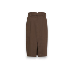 The SEVENTY VENEZIA skirt, a brown high-waisted midi-length with a pencil silhouette, features a matching fabric belt tied at the waist. This piece showcases Italian craftsmanship and is displayed on a white background.