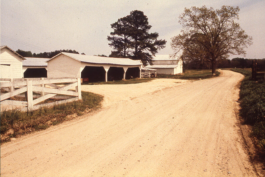 A dirt road curves past white wooden barns and a fence on a rural farm, with trees and grassy fields in the background under a light sky.