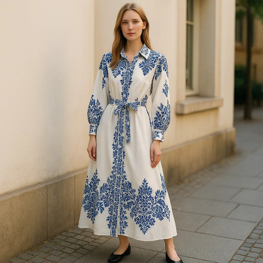 A woman with light brown hair stands on a paved sidewalk in front of a cream-colored building, wearing the FARYLINA SHERI LONG SLEEVE DRESS by FARYLINA—white cotton with blue florals, indigo embroidery, and a belted waist—plus black shoes.