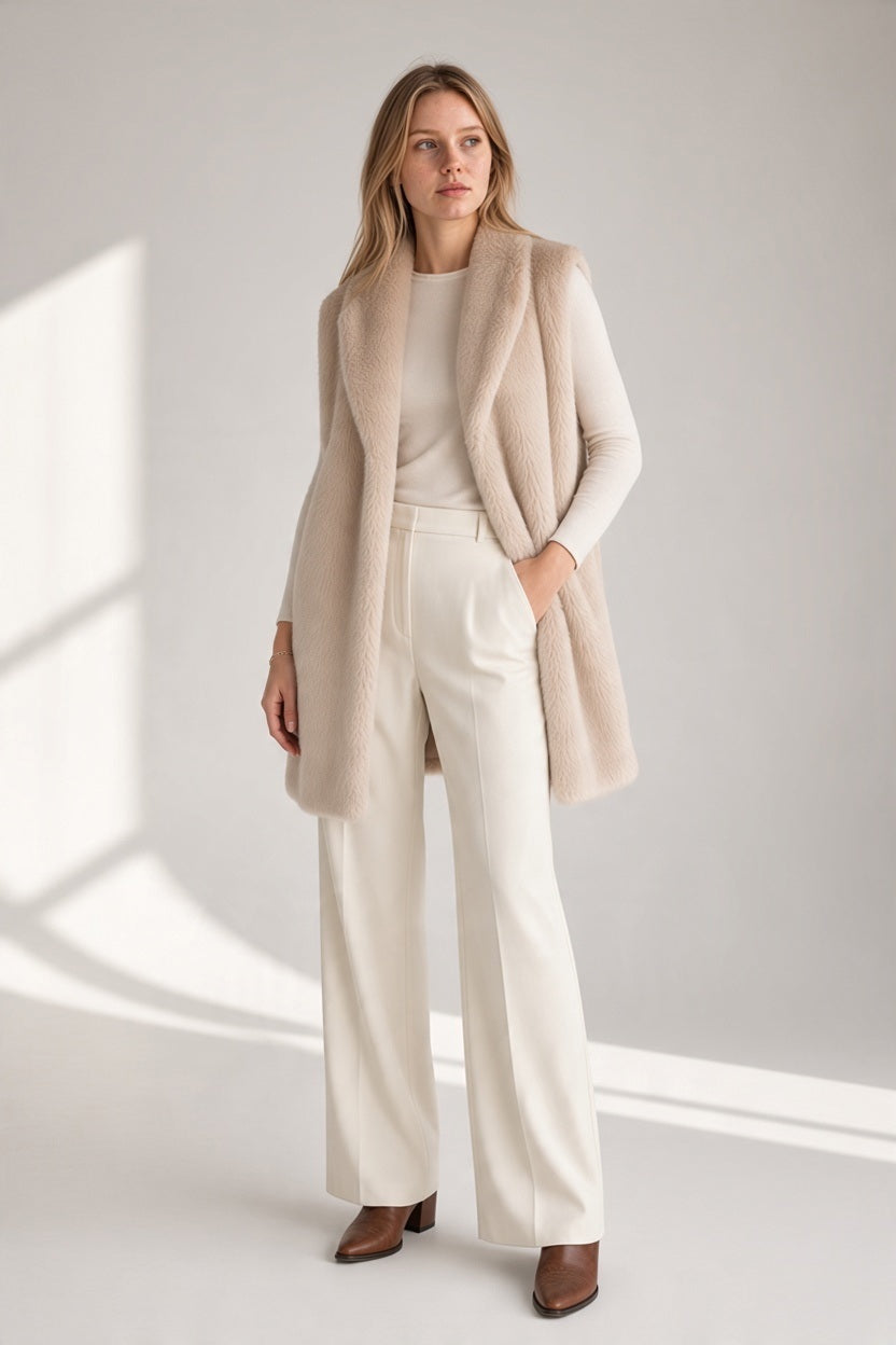 A woman wears a GAYNOR BONGARD - PETER FAU FUR GILET IN PANNA over a matching long-sleeved top and wide-leg trousers, finished with brown ankle boots.