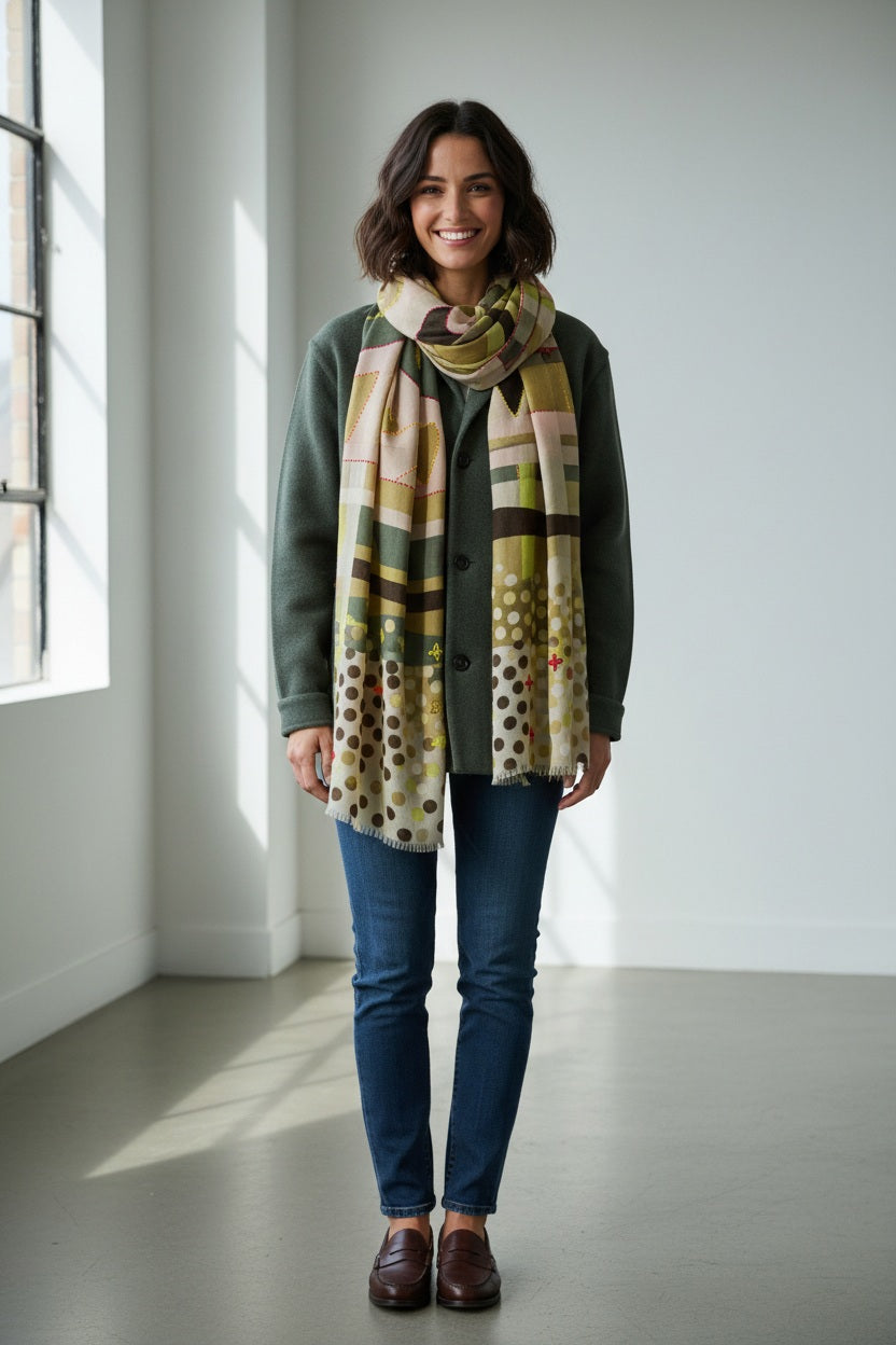 A woman stands indoors, smiling, wearing a green coat, blue jeans, brown shoes, and the STORIATIPIC - BAO Wool Scarf with Embroidery in Khaki by STORIATIPIC. Sunlight streams through a window on the left, illuminating the room’s white walls and light floor.