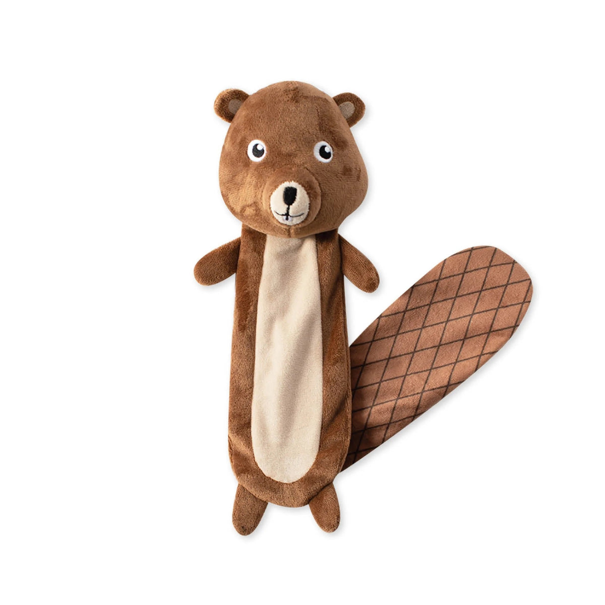 Meet the PET SHOP BY FRINGE STUDIO "MR. GNAW IT ALL" Flattie Dog Toy—a plush beaver toy featuring a super loud squeaker in the head, an ultra-soft plush body, and a diamond-patterned tail with crazy crinkle paper. This brown squeaky dog toy has a light beige belly and tail for extra fun and cuddle appeal.