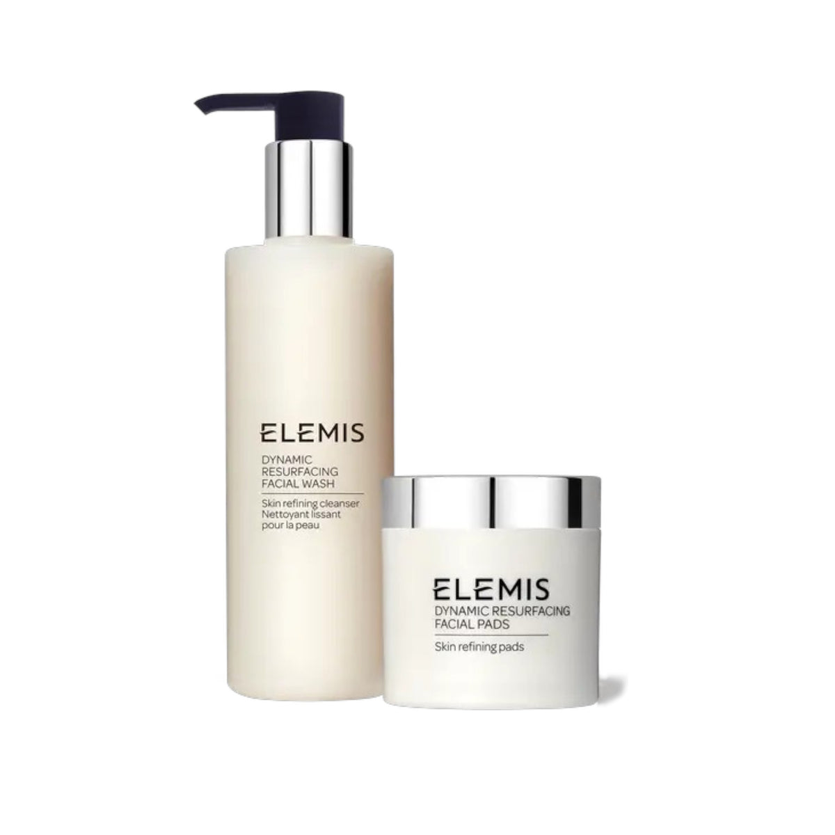 The ELEMIS - THE DYNAMIC DUO GIFT SET by ELEMIS - STEINER features the Dynamic Resurfacing Facial Wash and resurfacing facial pads in stylish silver-accented white packaging for radiant skin.