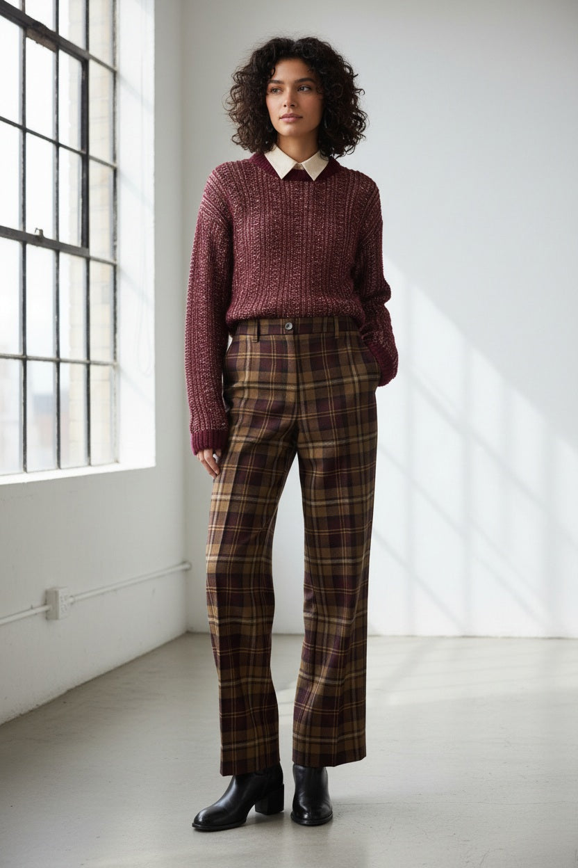 A person stands in a bright room with natural light streaming through large windows, wearing the MOMONI MILTON PANT by MOMONI—straight leg tartan wool pants with a pressed crease—paired with black boots and a maroon sweater over a collared shirt. Their hands are tucked into their pockets.