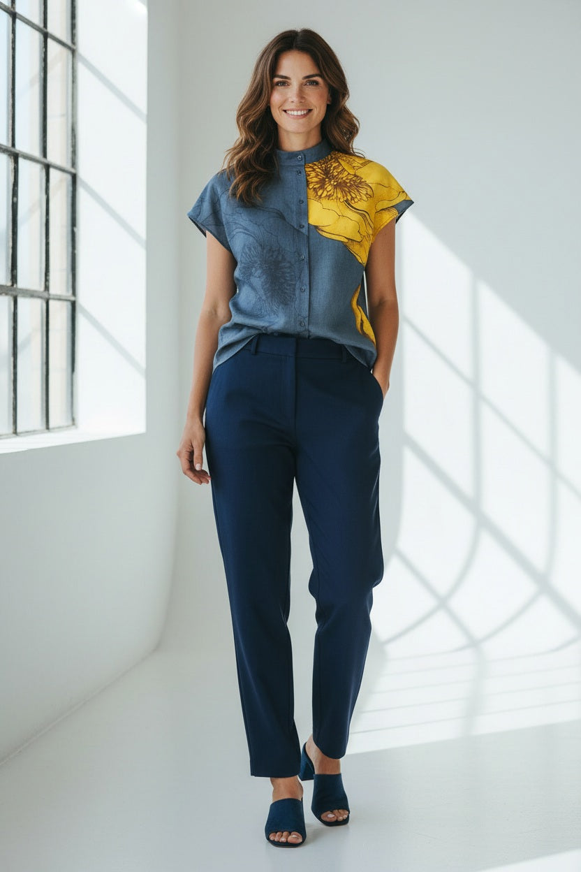 A woman stands in a sunlit room, smiling with her hands in her pockets, wearing navy trousers, open-toe shoes, and the MIRTO 1956 Short Sleeve Cotton Shirt by MIRTO 1956, featuring gray and yellow floral patterns.