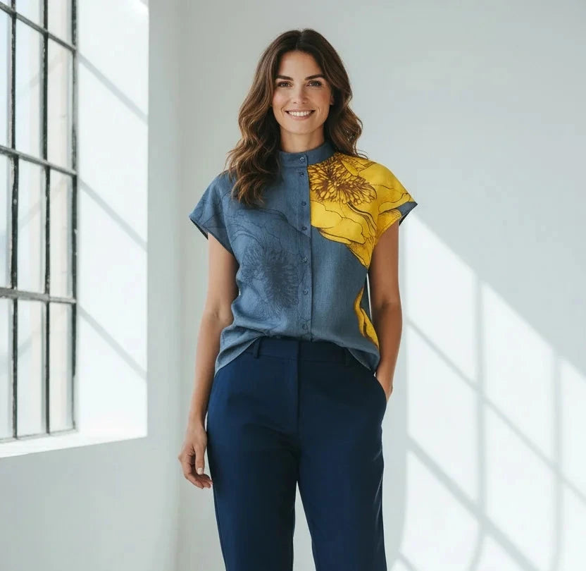 A woman wearing a blue button-down shirt with a yellow floral pattern on the shoulder and navy blue trousers.