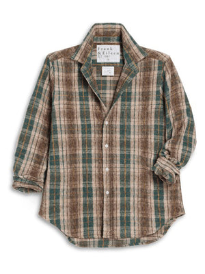 The FRANK & EILEEN EILEEN Relaxed Button Up Shirt in heavier weight Italian flannel features a plaid pattern in brown, beige, and green, long sleeves (one rolled up), buttery-soft cotton, and an inside label reading "Frank & Eileen EST. 1947".
