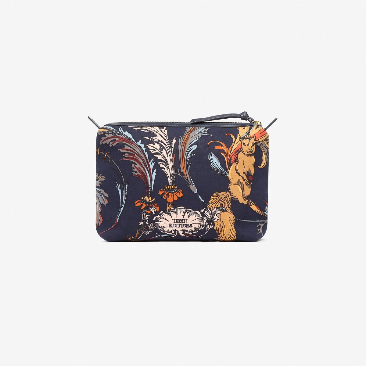 The INOUI EDITIONS ROCOCO SQUIRREL CITY CASE by INOUI is a rectangular cotton zippered pouch with a dark background, decorated with a vibrant leaf pattern and a yellow squirrel eating a nut.
