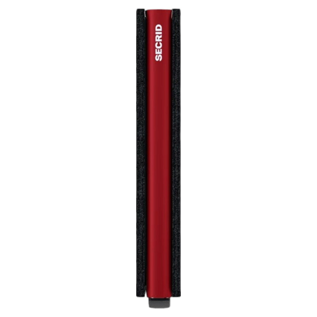 The SECRID - SLIMWALLET MATTE IN BLACK AND RED is shown closed and standing upright, with striking red stitching and a red accent on the side. A small lever is visible at the bottom. This RFID-protected wallet from SECRID offers a sleek design combined with practical security for your everyday essentials.