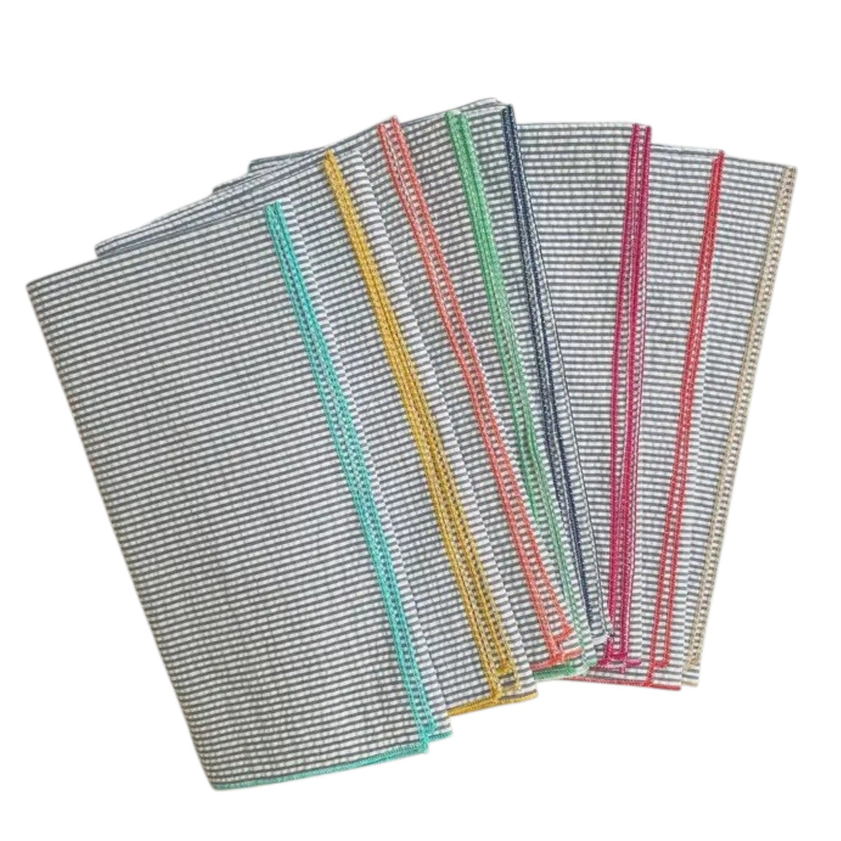 A set of DOT AND ARMY - GREY SEERSUCKER DINNER NAPKINS, each with colorful edging, is fanned out on a white background.