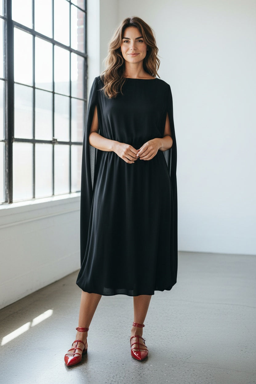 A person stands gracefully on a light-colored floor, wearing the MEIMEIJ Silk Blend Dress with cape-like sleeves, showcasing a modern classic look. The outfit is paired with red, open-toed flat shoes against a simple white backdrop.