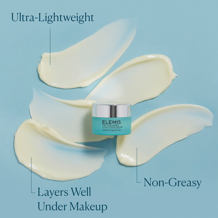 Close-up view of smooth, creamy, light beige substance spread in swirls, resembling the luxurious ELEMIS - PRO-COLLAGEN VITALITY EYE CREAM. The glossy surface showcases its rich and firming consistency, perfect for revitalizing delicate skin.