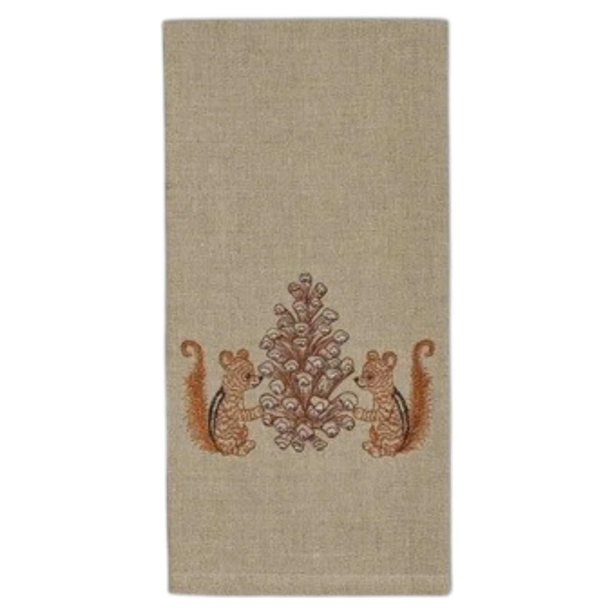 CHIPMUNKS WITH PINECONE LINEN TEA TOWEL by CORAL & TUSK featuring embroidered chipmunks holding a large, stitched pinecone.