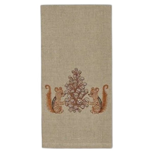 CHIPMUNKS WITH PINECONE LINEN TEA TOWEL by CORAL & TUSK featuring embroidered chipmunks holding a large, stitched pinecone.