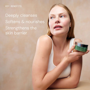 Three textured swatches—yellow, pearly white, and translucent—overlap on a pale background. Text reads: “3-in-1 transformative texture. Rich balm, nourishing oil, hydrating milk.” Experience the multi-tasking power of ELEMIS - PRO-COLLAGEN GREEN FIG CLEANSING BALM by ELEMIS - STEINER—a luxurious facial cleansing balm that also acts as an effective makeup remover.