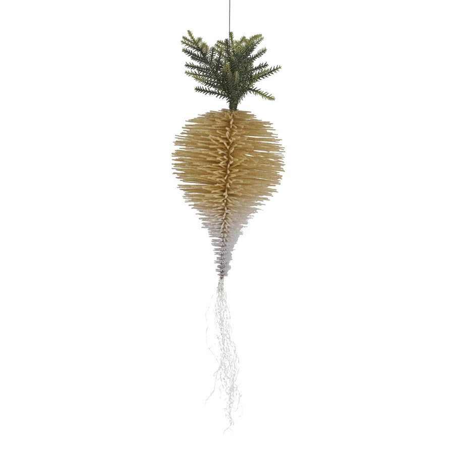 The CREATIVE COOP LARGE FLOCKED BOTTLE BRUSH TURNIP ornament, with green leaves and white roots, adds farmhouse charm to your decor when hung by its string.
