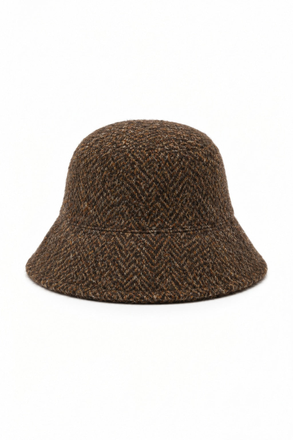 The SEVENTY VENEZIA Brown Tweed Wool Cloche Hat by SEVENTY, crafted from 100% wool with a herringbone pattern, is displayed against a plain white background with the hat facing forward.
