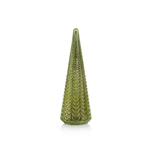 The ZODAX DAVOS LED ANTIQUE GLASS TREE 14.25 is a green glass ornament shaped like a stylized cone Christmas tree with a scalloped pattern, designed to stand upright on a white background.