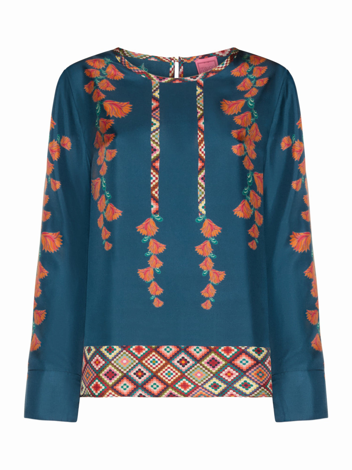 The FRANCO FERRARI - ALOE SILK BLOUSE features long sleeves, teal silk with orange floral embroidery, geometric borders at the hem and neckline, and a button accent on the back collar.