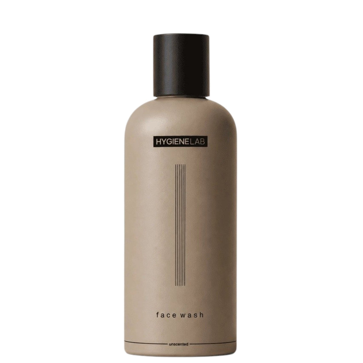 A person dispenses HYGIENELAB - FACE WASH, UNSCENTED from a brown bottle onto their open palm against a neutral background.