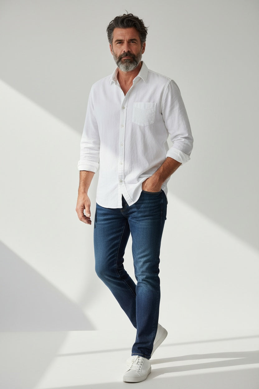 The FRANK &amp; EILEEN LUKE Men's Button Up Shirt in Famous Denim White features long roll-up sleeves, a chest pocket, and a collar. The label reads "Frank &amp; Eileen EST 1947." Displayed on a white background.