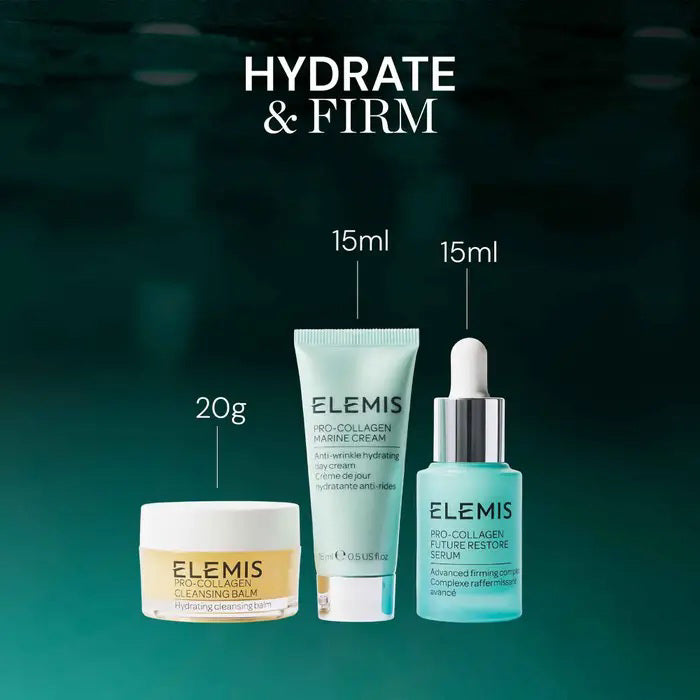 A green-themed ELEMIS - ASTON MARTIN ICONIC DISCOVERY SKINCARE COLLECTION by ELEMIS - STEINER includes travel-size skincare essentials in a box, zippered pouch, cream jar, tube, and dropper bottle, all shown on a white background.